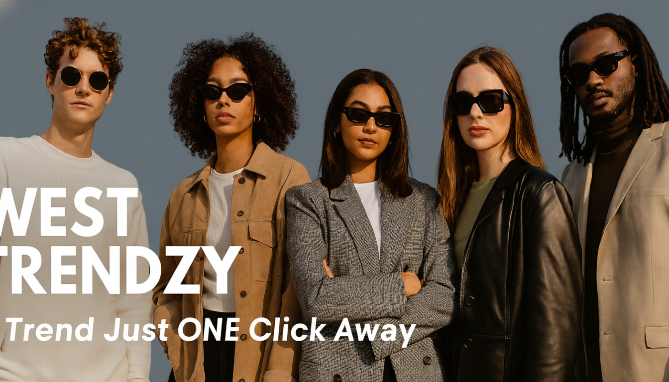 Five people wearing sunglasses with 'West Trendzy' branding and text about fashionable and trendy products.